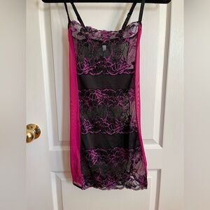Coquette stretch lace and sheer mesh magenta & black slip / negligee, size S